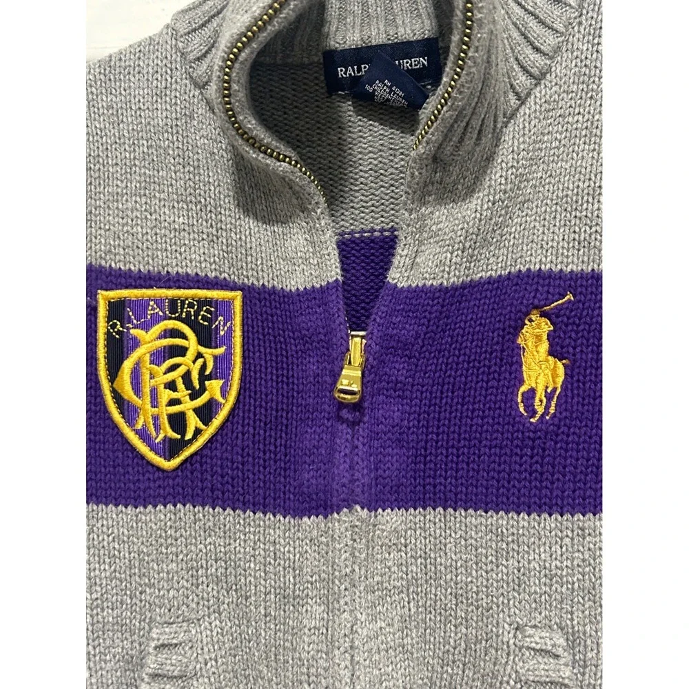 Ralph Lauren Kids Gray Purple Zip Front Knit Cardigan Sweater Size 5‎